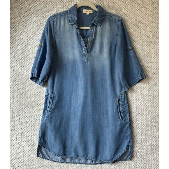 Cloth & Stone Dress Women S Blue Tencel Chambray Shirt Collar V-Neck Pockets - Picture 2 of 14
